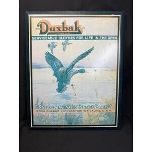 Vintage Duxbak Tin Sign Utica NY Duck Hunting Clothing 18.5 x 15‎ Advertising